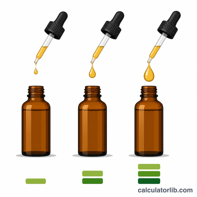 ثلاث زجاجات قطّارة CBD تمثل مستويات الجرعة المنخفضة والقياسية والقوية