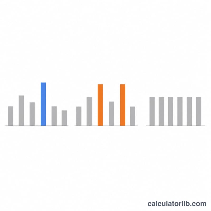 Three small bar charts showing unimodal, bimodal, and no-mode distributions
