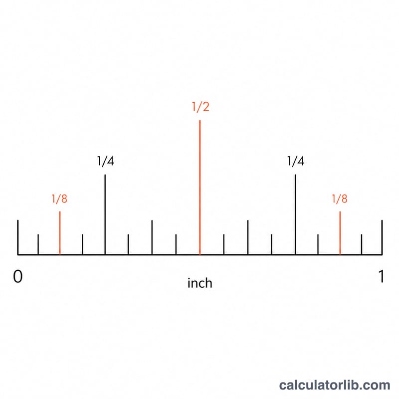 2分の1、4分の1、8分の1、16分の1に分割された定規の一部