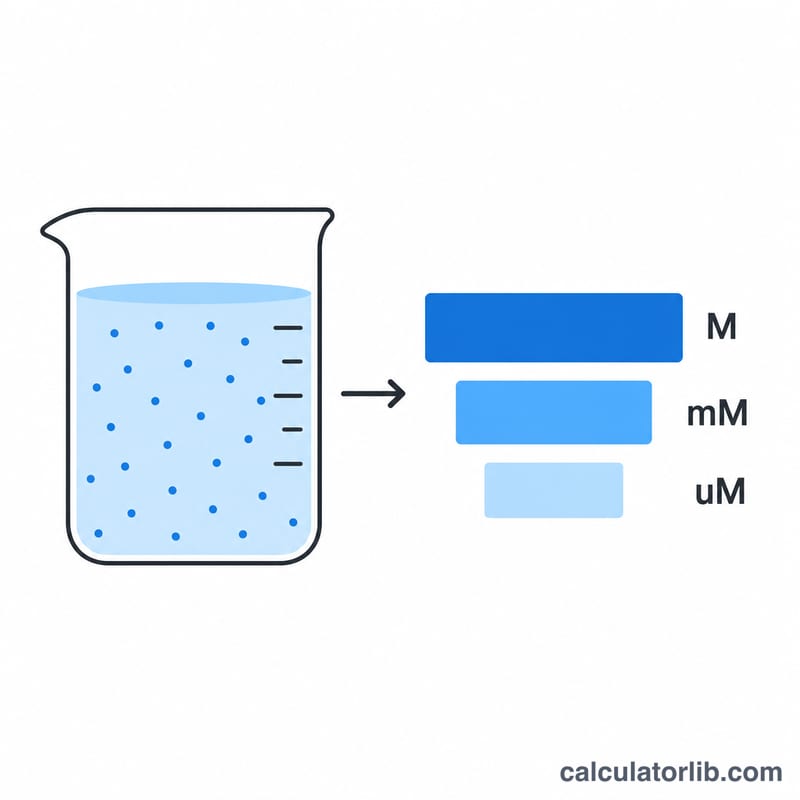 Beaker with dissolved solute illustrating concentration to molar conversion