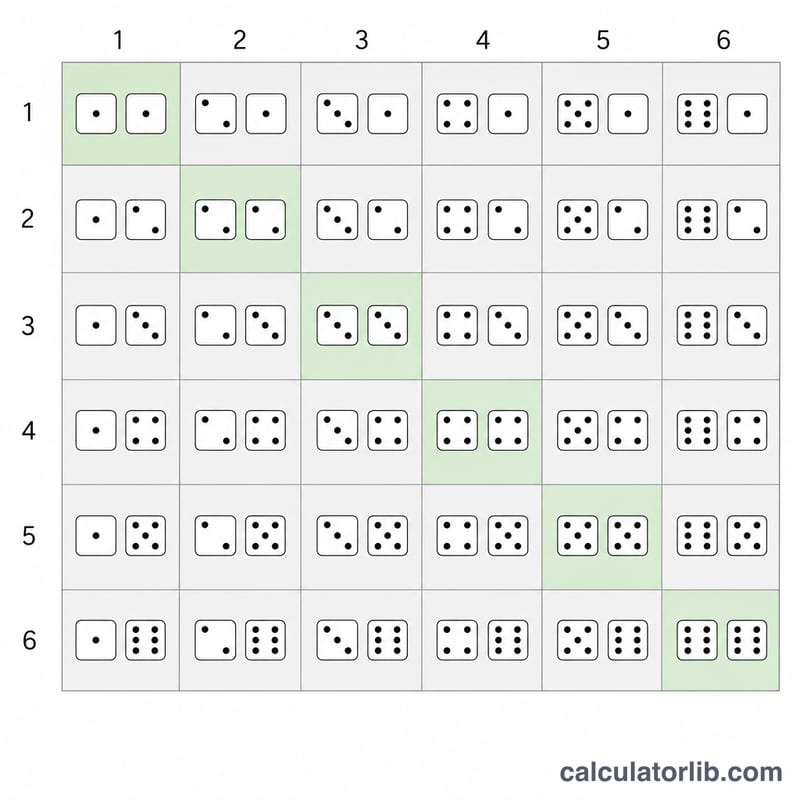 Grid of all 36 outcomes of two dice with diagonal cells highlighted that sum to a chosen value