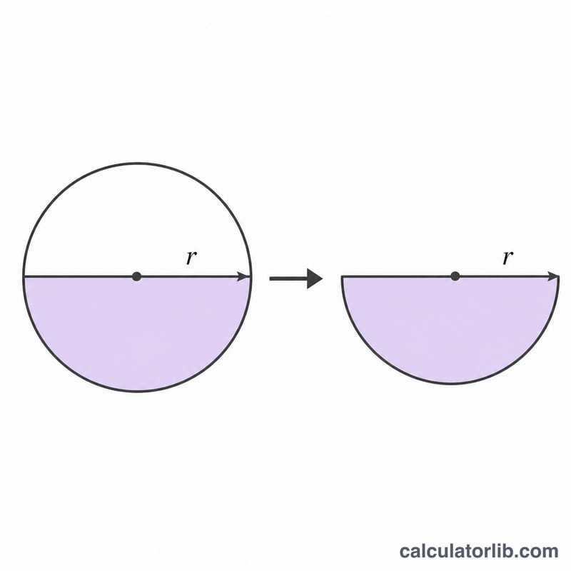 Full circle divided in half to form a semicircle, illustrating A equals one half pi r squared