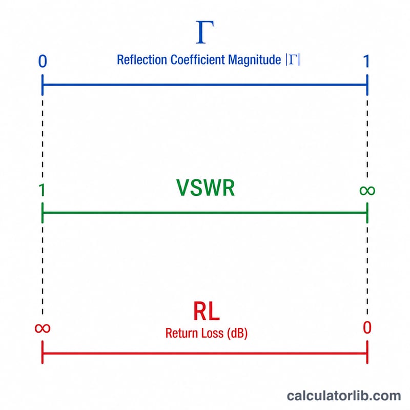 Number line mapping reflection coefficient magnitude to VSWR and return loss values