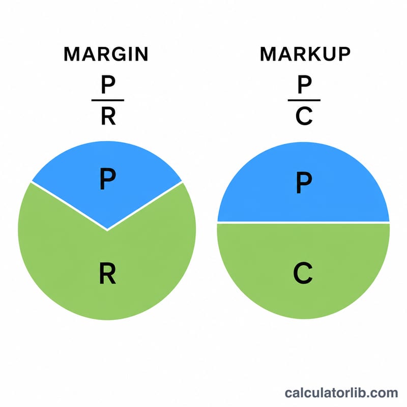 Diagram contrasting margin as profit over revenue and markup as profit over cost