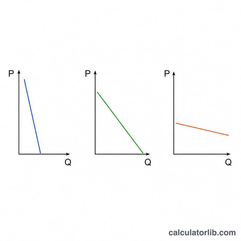 Three demand curves comparing elastic, unit elastic, and inelastic demand by their slopes