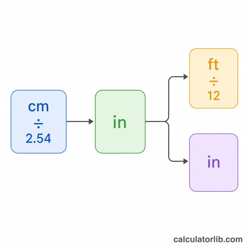 Step flow converting centimeters to total inches then to feet and remaining inches