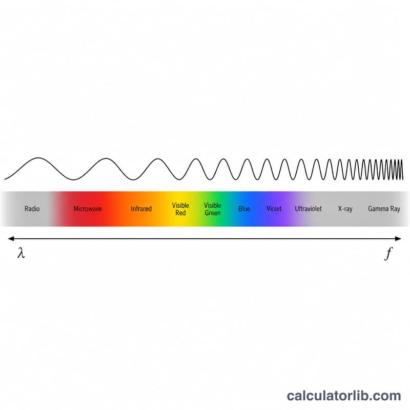 Electromagnetic spectrum bar with wave compressing as frequency increases and wavelength decreases