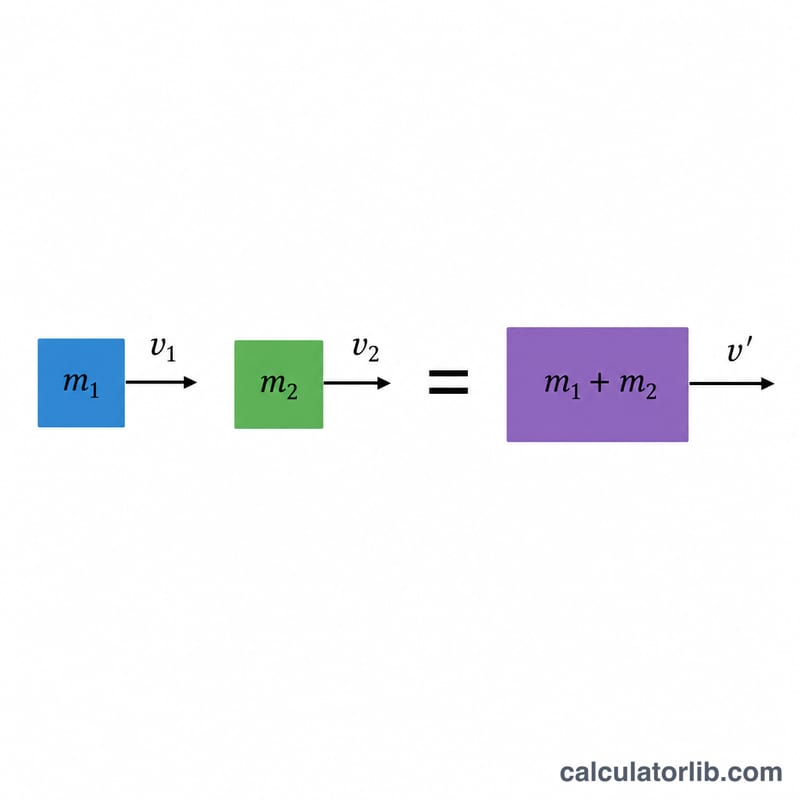 Momentum conservation equation shown as masses times velocities summed before equals combined mass times final velocity
