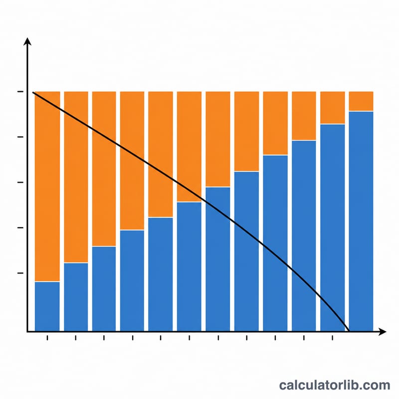 Amortization line chart showing declining loan balance over time with shrinking interest and growing principal portions of each payment
