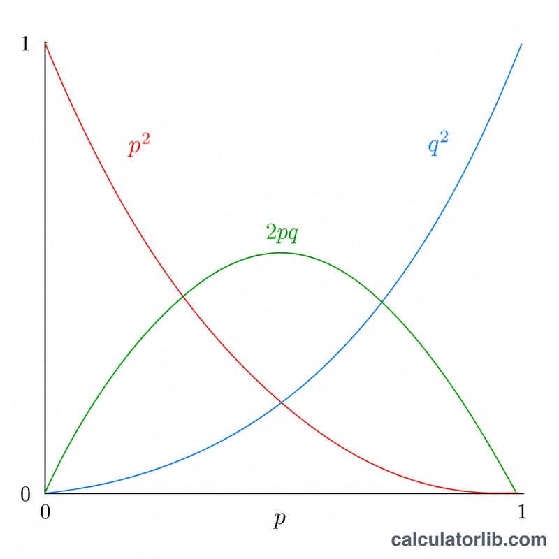 Parabolic curves of genotype frequencies plotted against allele frequency p from 0 to 1