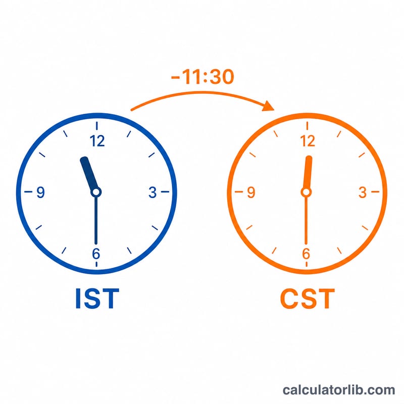 Two side-by-side clock faces, one showing IST time and the other showing CST time 11.5 hours earlier
