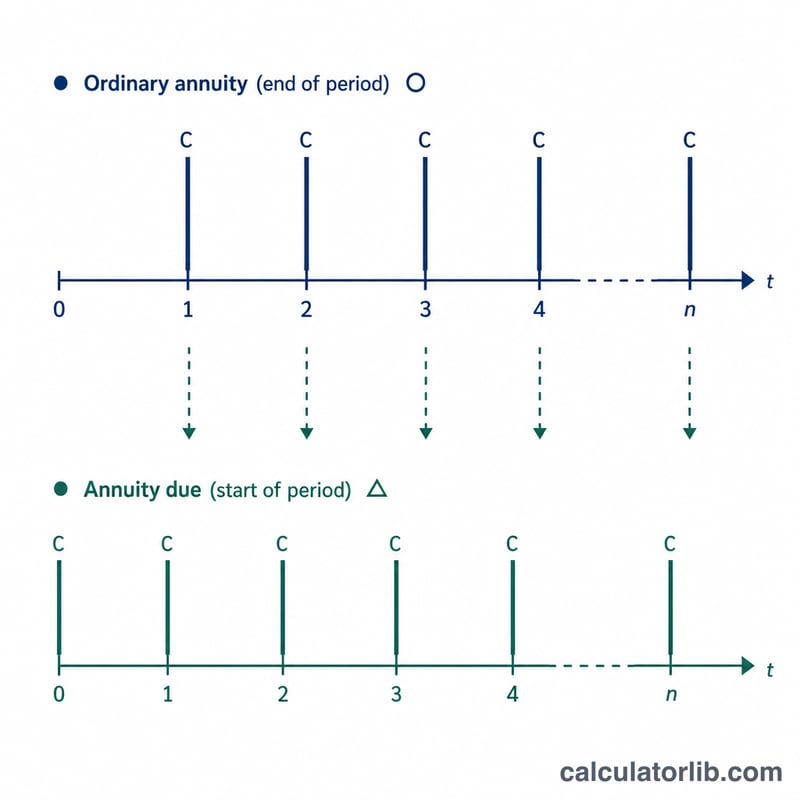 Comparison of ordinary timing with end-of-period cash flows versus annuity-due timing with start-of-period cash flows