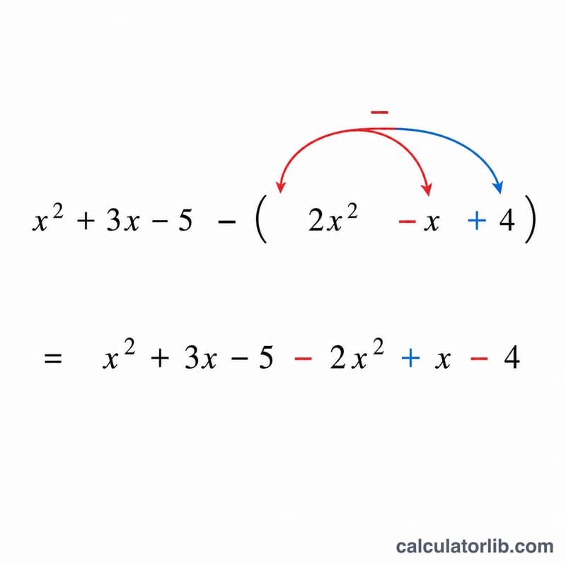 Diagram showing a minus sign distributed across each term of the second polynomial, flipping signs