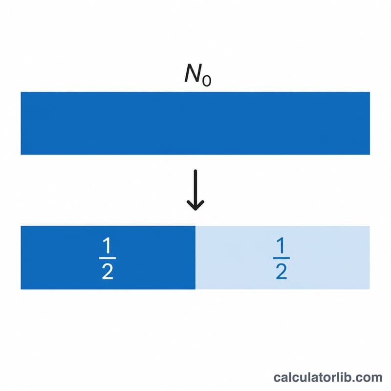 Bar showing original sample splitting into decayed and remaining portions after one half-life