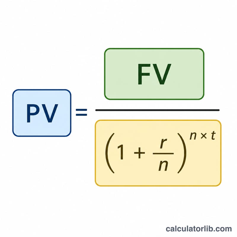 Flat diagram breaking the present value formula into future value divided by a growth factor