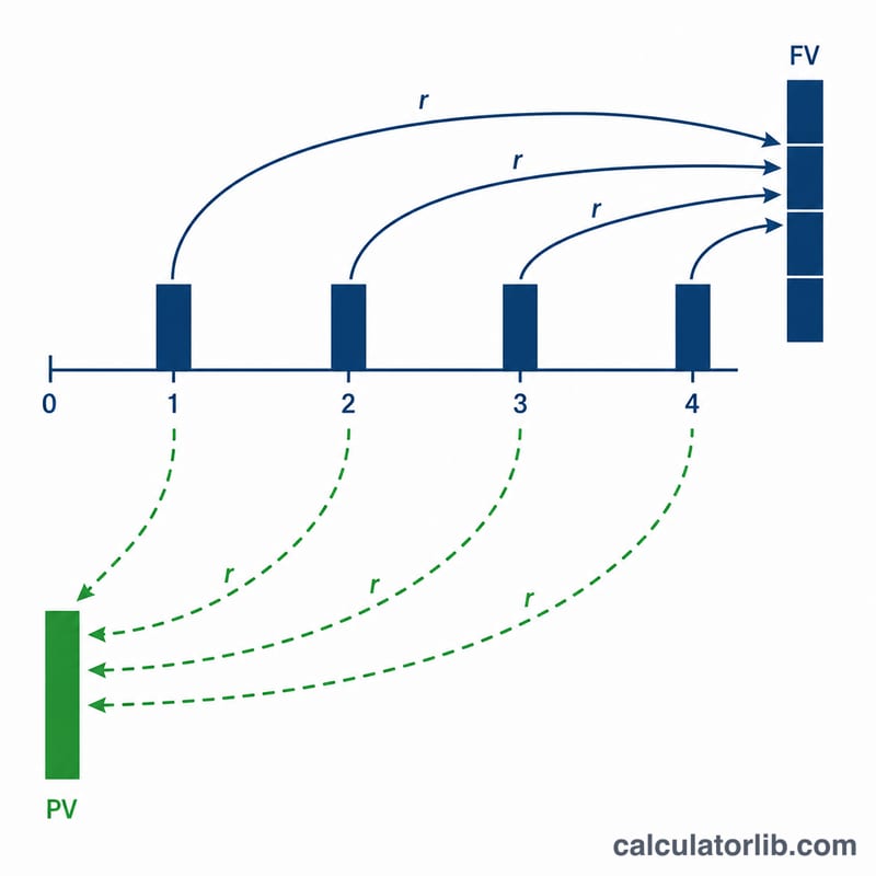 Diagram comparing future value growth and present value discounting of payments over time