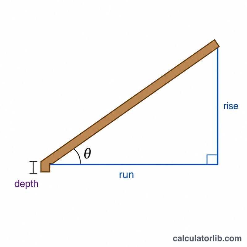 Right triangle of roof geometry with rise, run, hypotenuse rafter and pitch angle, plus seat depth