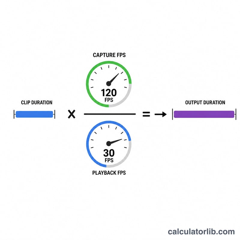 Visual breakdown of output duration equals clip duration times capture FPS divided by playback FPS