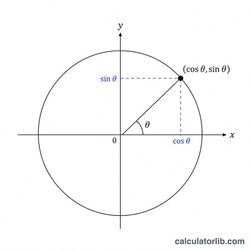 Unit circle showing angle theta with sine and cosine as coordinates of a point