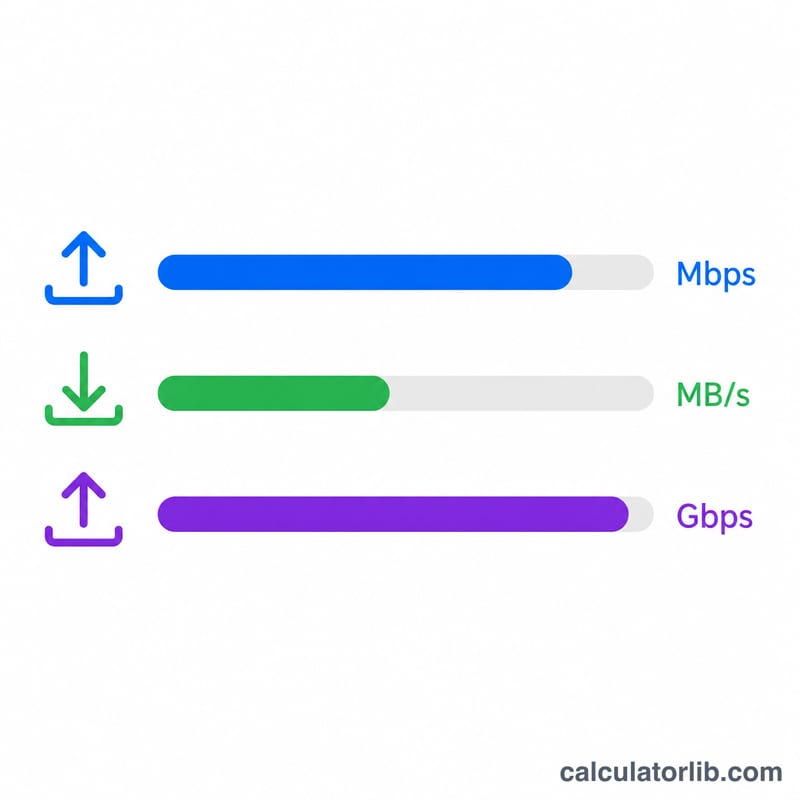 Comparison bars of common throughput units Mbps, MB per second and Gbps