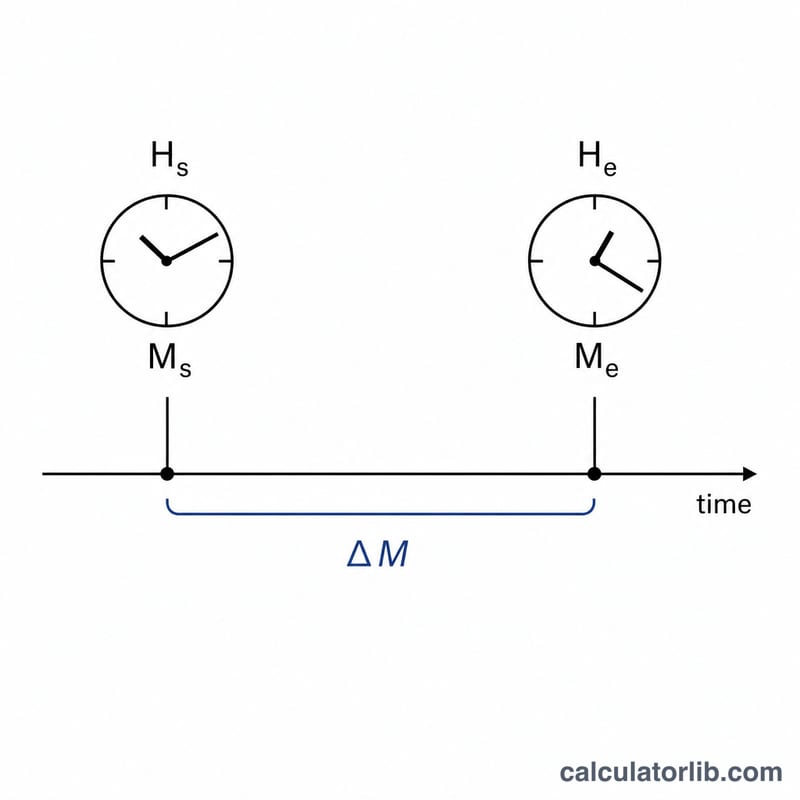Number line showing start and end times with the elapsed interval bracketed between them