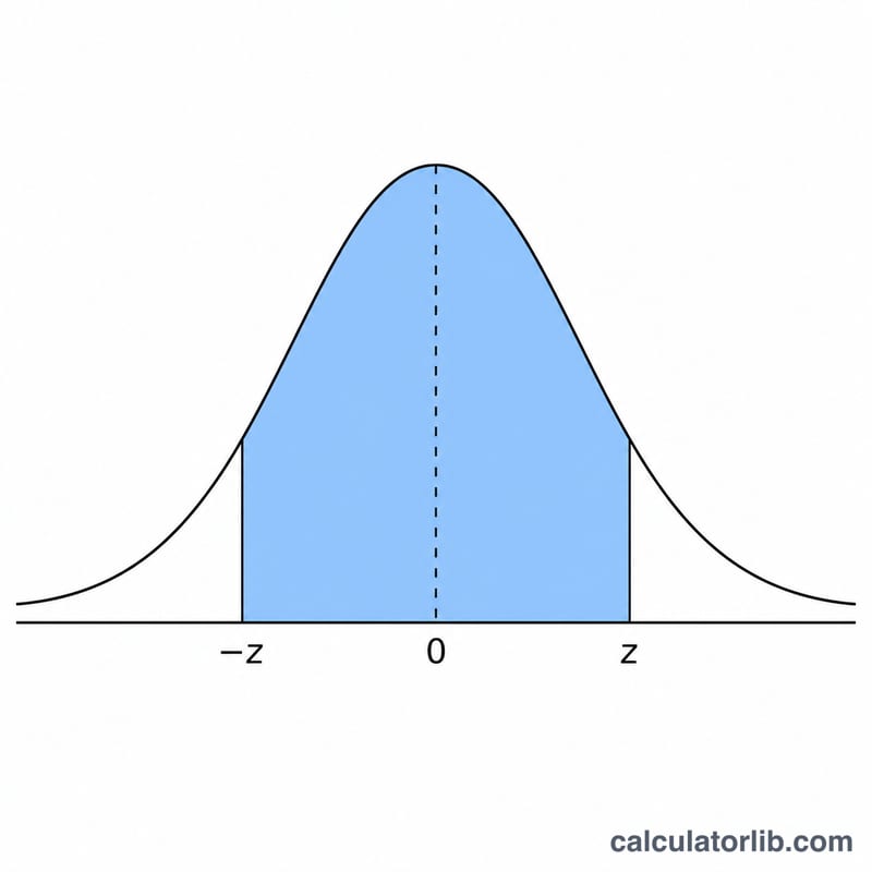 A bell-shaped normal distribution curve with the central area shaded and two symmetric tails, marked with negative z and positive z critical points