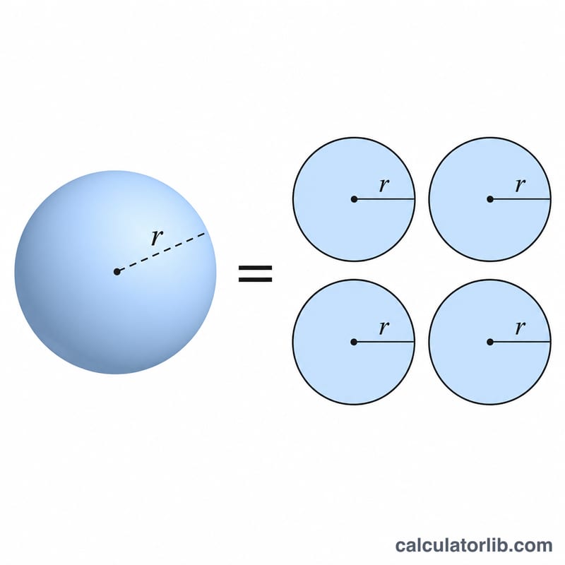 Sphere unwrapped into four equal circular areas illustrating SA equals four pi r squared