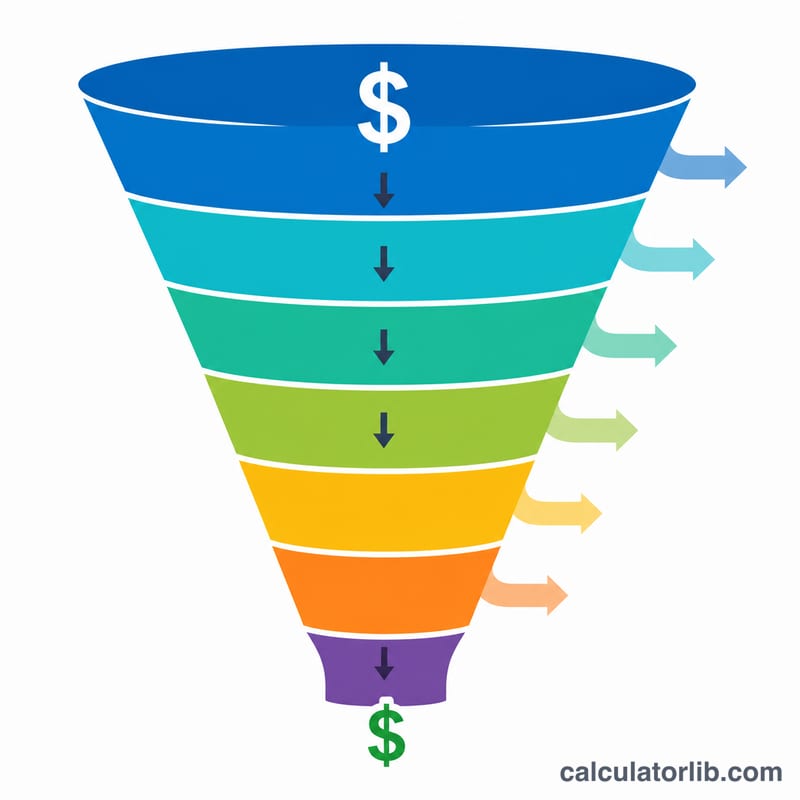 Funnel reducing gross pay through successive deductions to net pay
