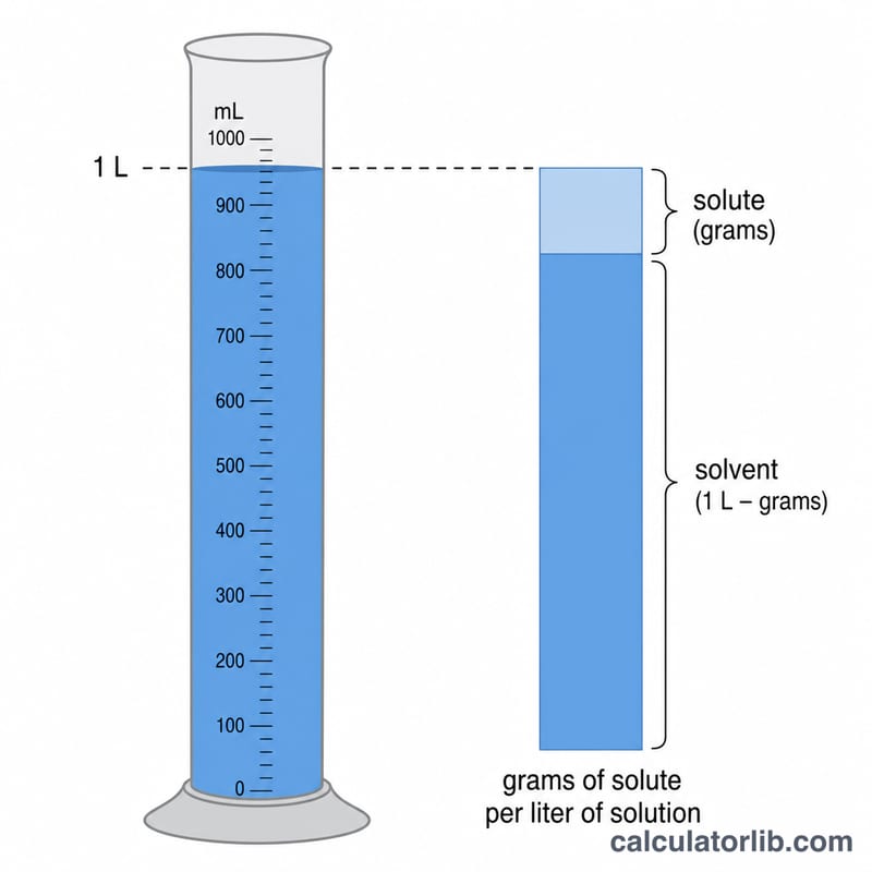 One liter of solution split into solvent and solute portions