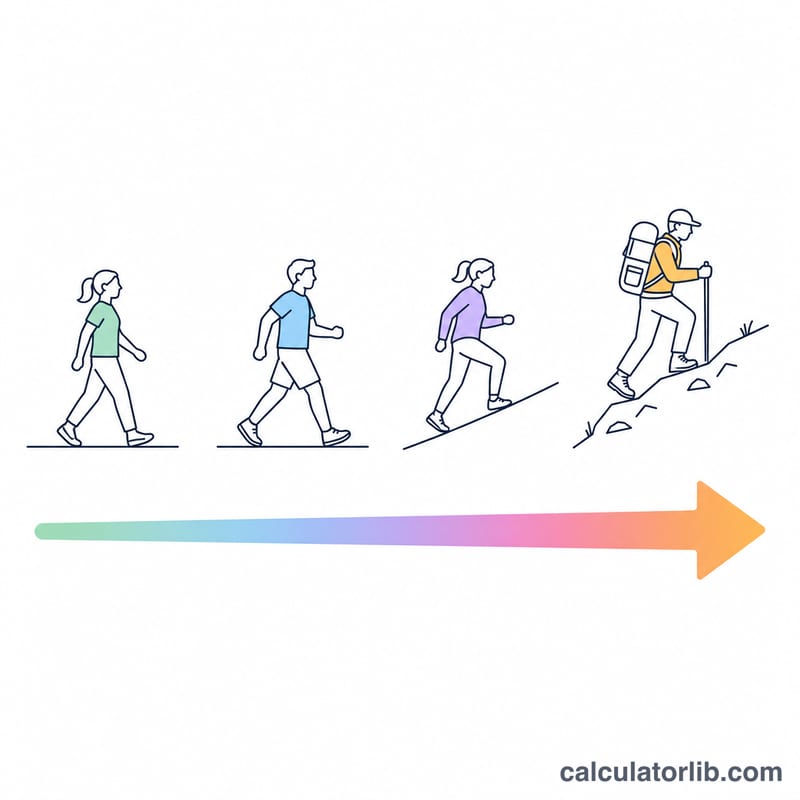 Flat icons comparing increasing MET intensity from slow walk to steep uphill hike
