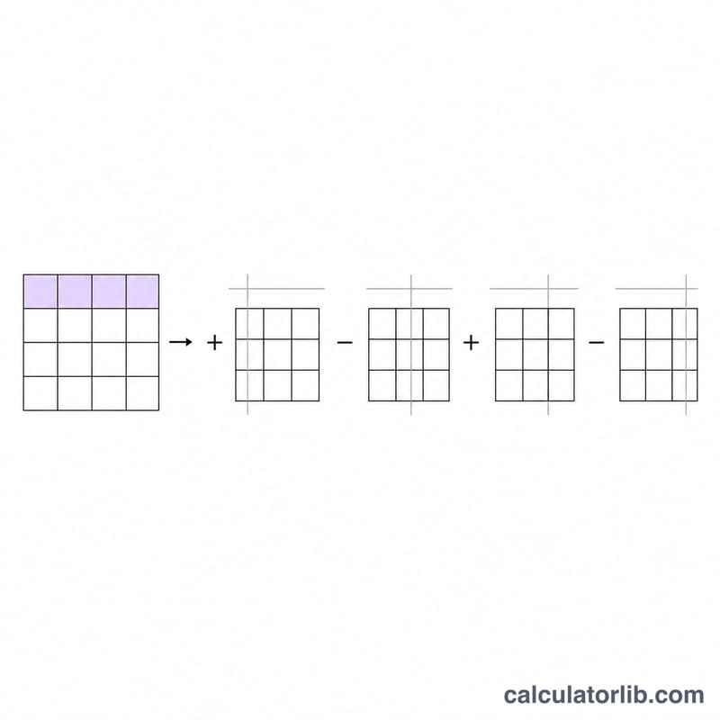 4x4 matrix with first row highlighted expanding into four 3x3 minors with alternating signs