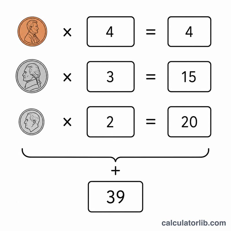硬貨の枚数に価値を掛けて合計する図