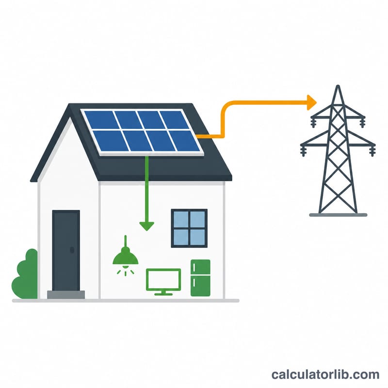 House with solar panels showing energy used at home and energy sold to the grid