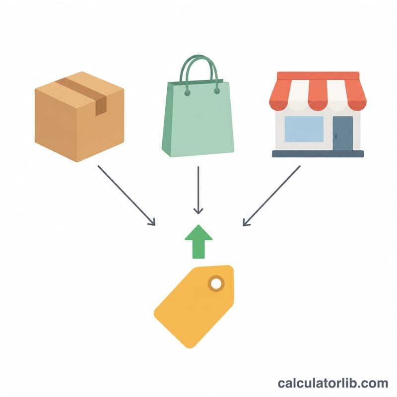 Three marketplace storefront icons feeding into a price tag with a profit arrow