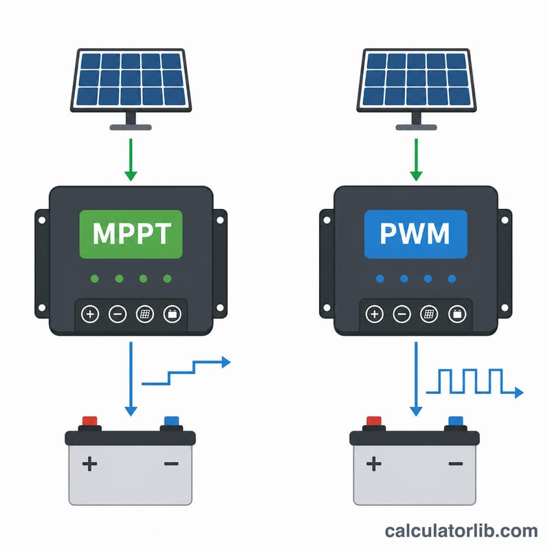 Flat comparison diagram of MPPT versus PWM charge controller current paths