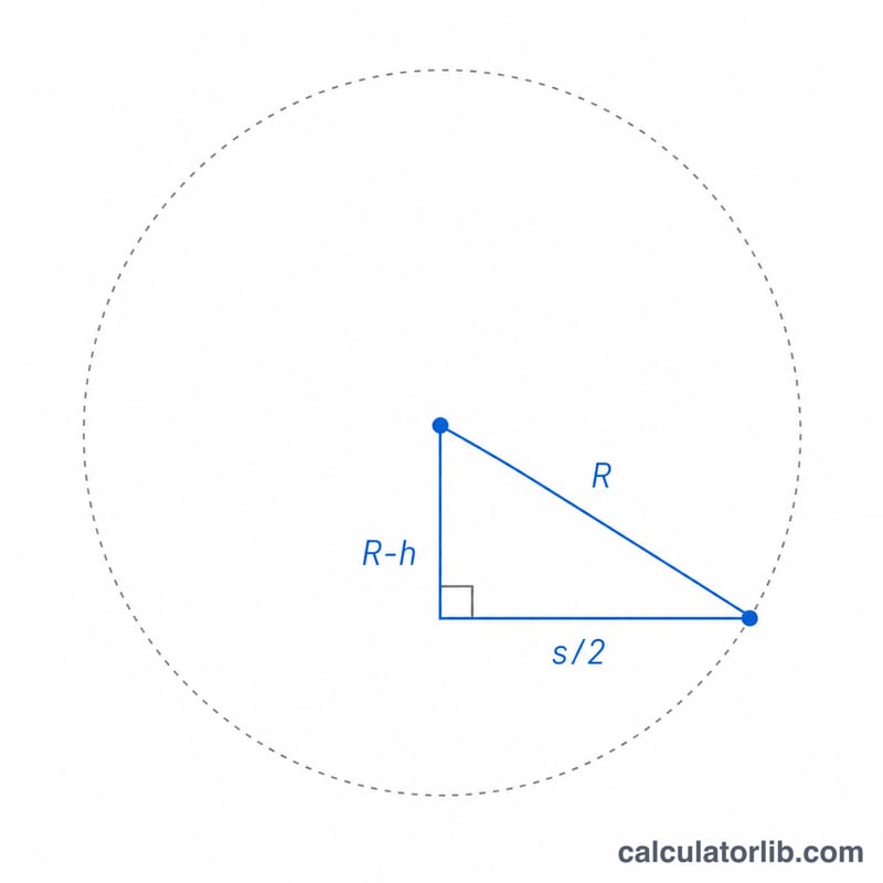 Relation du triangle rectangle entre la demi-portée, le rayon moins la flèche et le rayon
