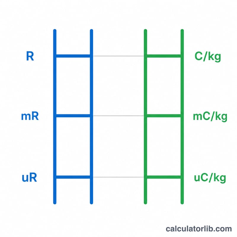 Two parallel scales showing Roentgen units and Coulomb per kilogram units