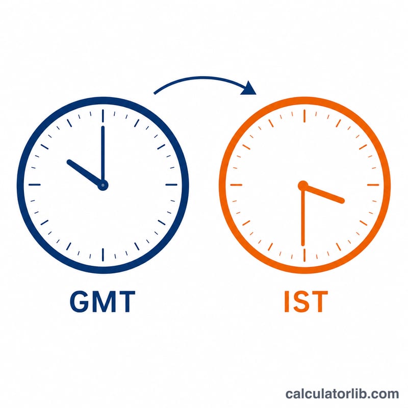 Two clocks comparing a GMT time and the corresponding IST time
