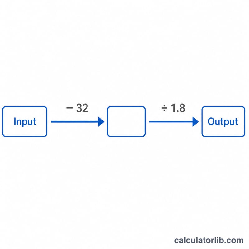 Flow diagram showing subtract 32 then divide by 1.8 conversion steps