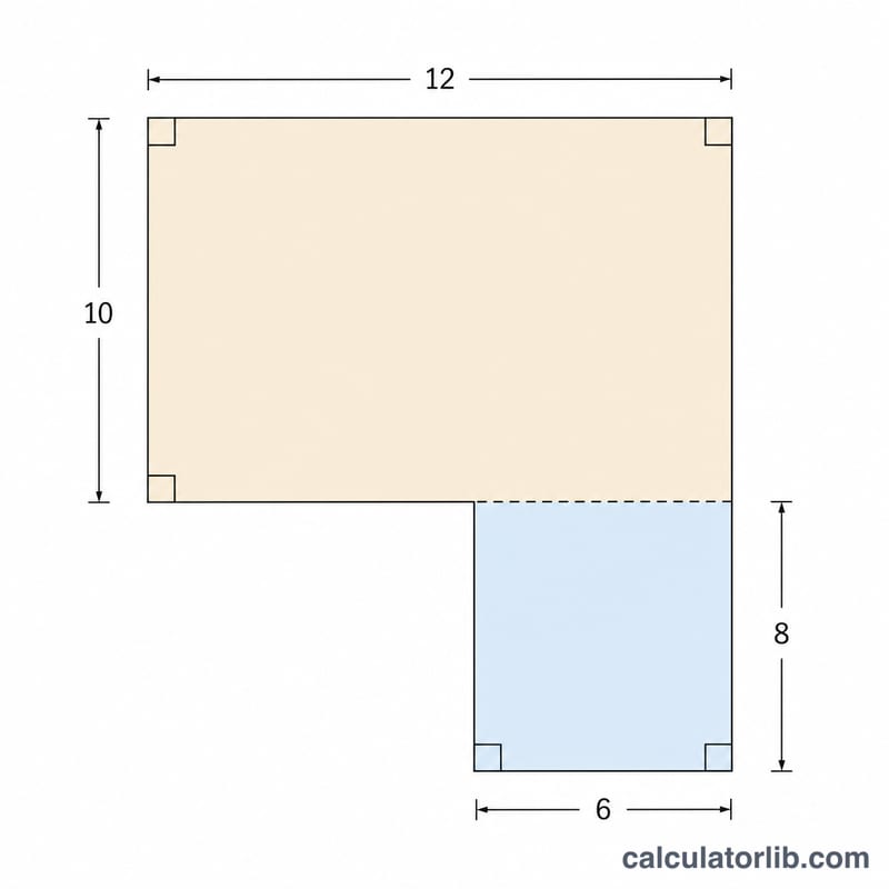 Habitación en forma de L con dimensiones de ejemplo dividida en dos rectángulos