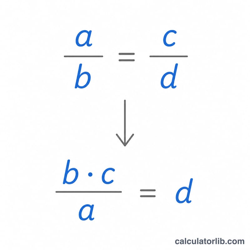 Solving for unknown d: rearranged equation showing d equals b times c divided by a