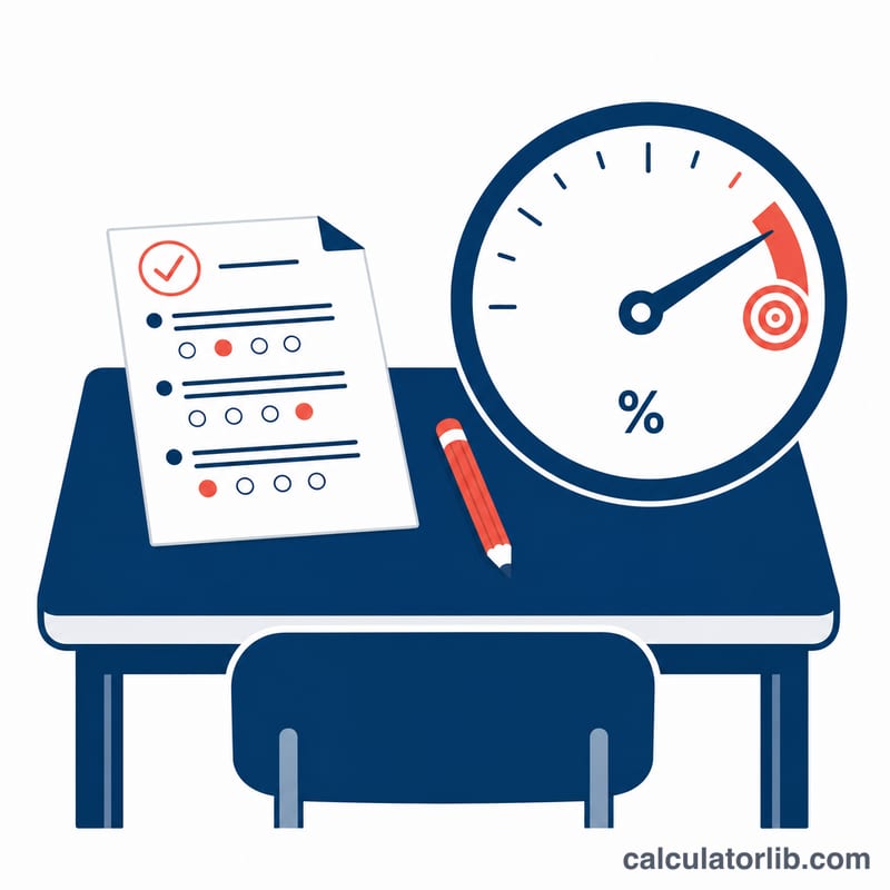 Exam paper with a gauge dial pointing toward a high target score