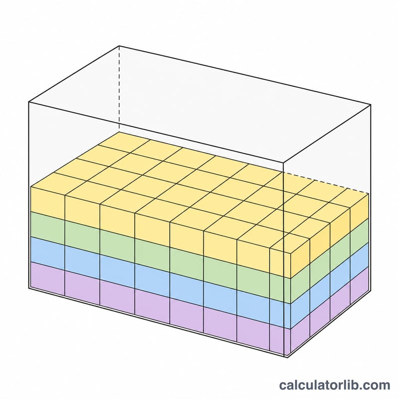 Box filled with small unit cubes showing volume as length times width times height