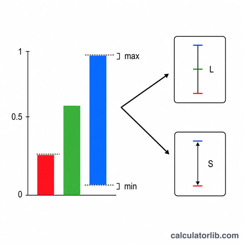 Diagram showing max and min of RGB channels feeding lightness and saturation formulas