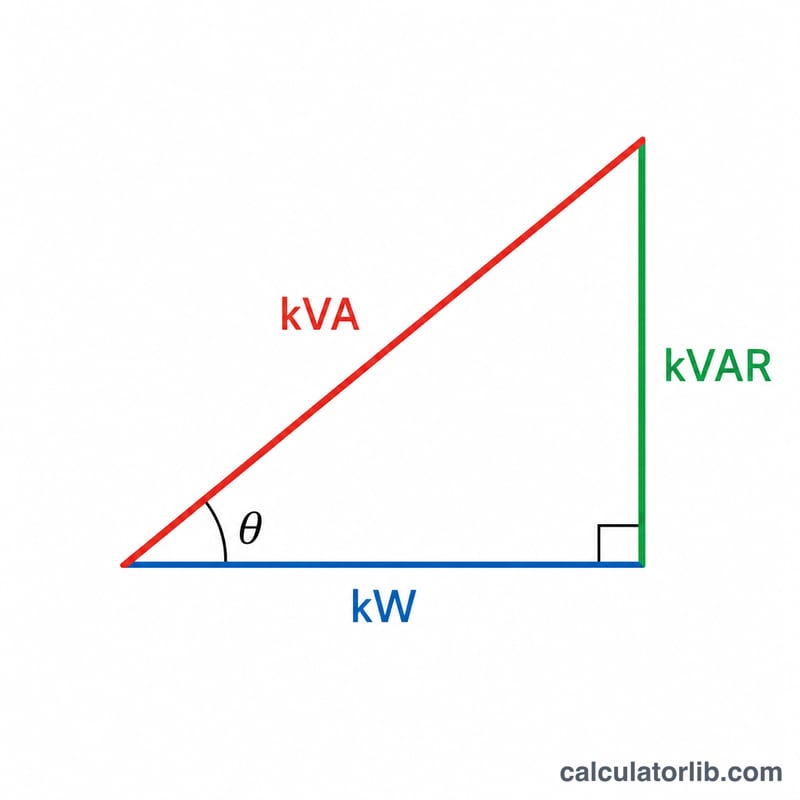 Power triangle showing real power kW, reactive power kVAR and apparent power kVA with power factor angle