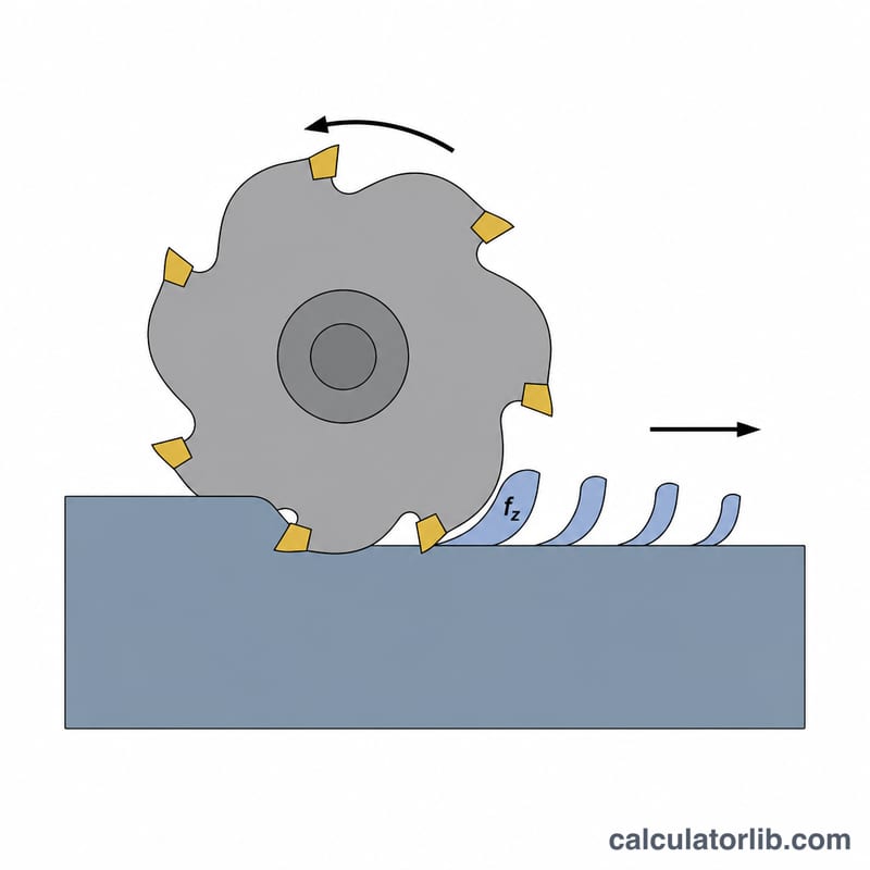 Side view of milling cutter teeth removing small chips from a workpiece as the table advances