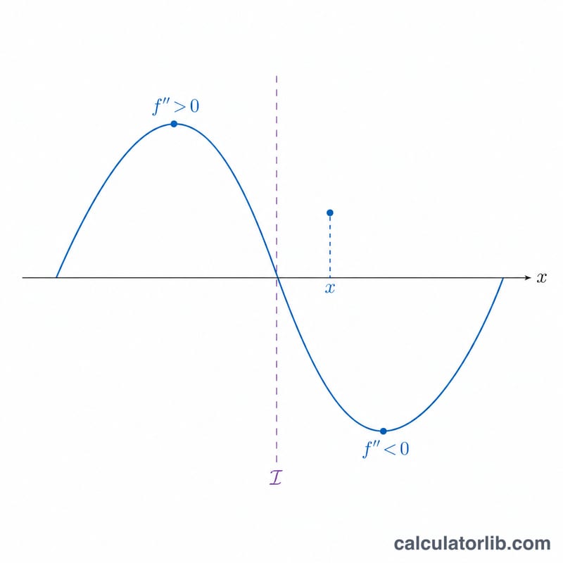 Second derivative wave with positive peak, zero crossing at center, negative trough, and one marked evaluation point
