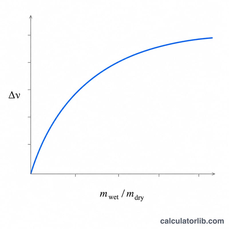 Curve showing delta-v rising with the mass ratio on a logarithmic relationship