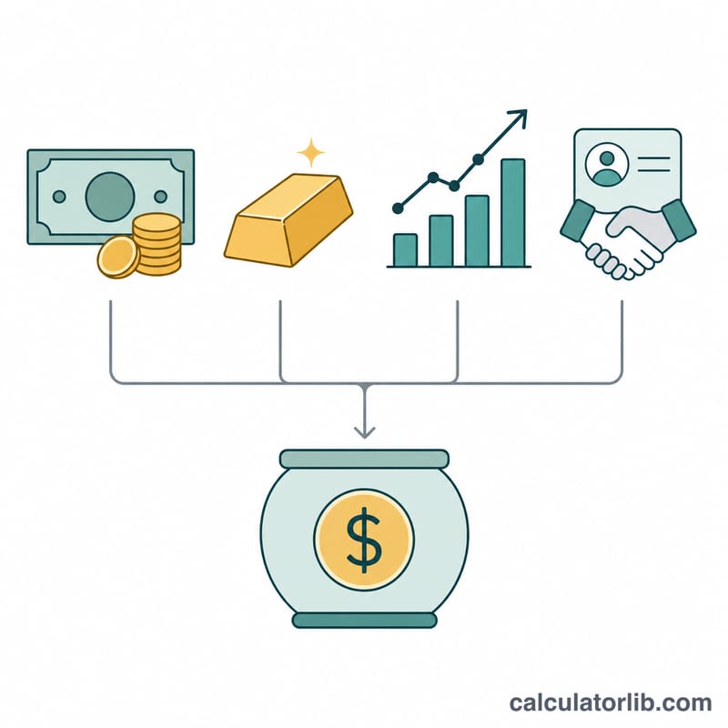 Four asset category icons feeding into a single Zakat total