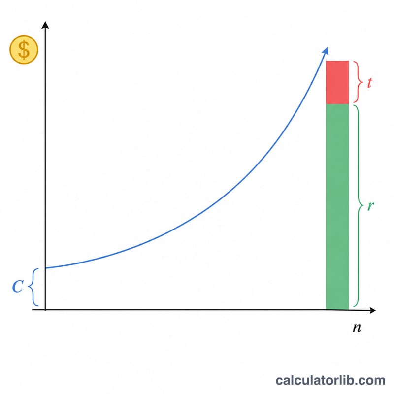 Compound growth curve of a single contribution over years with final after-tax split